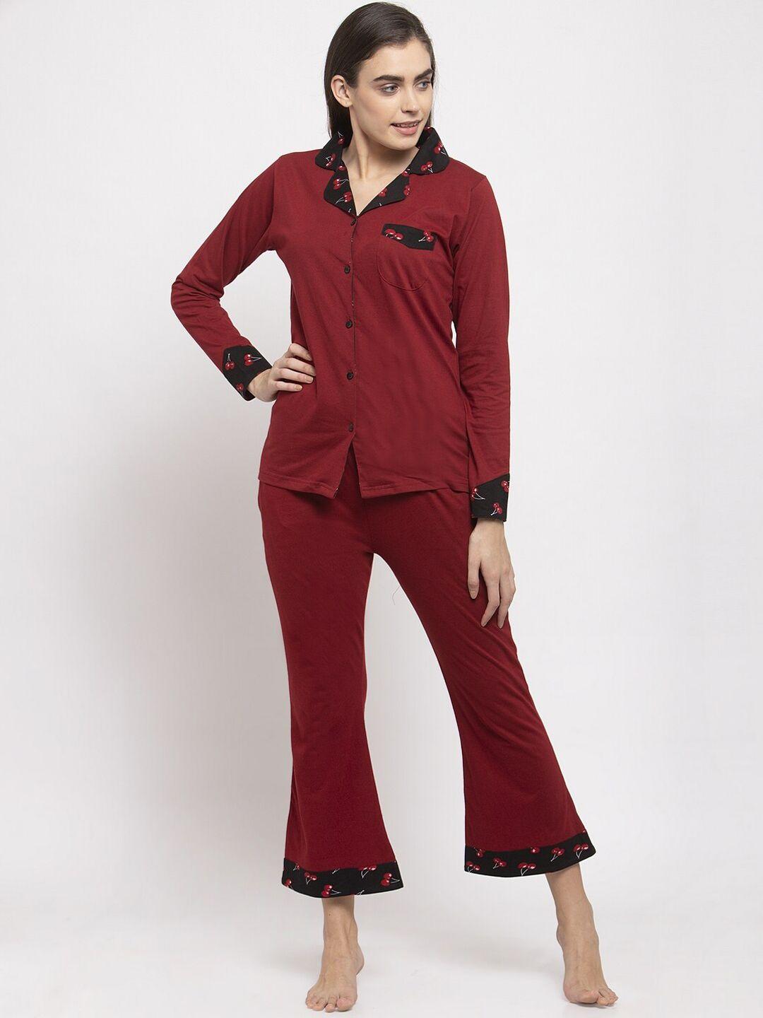 claura-women-maroon-solid-night-suit