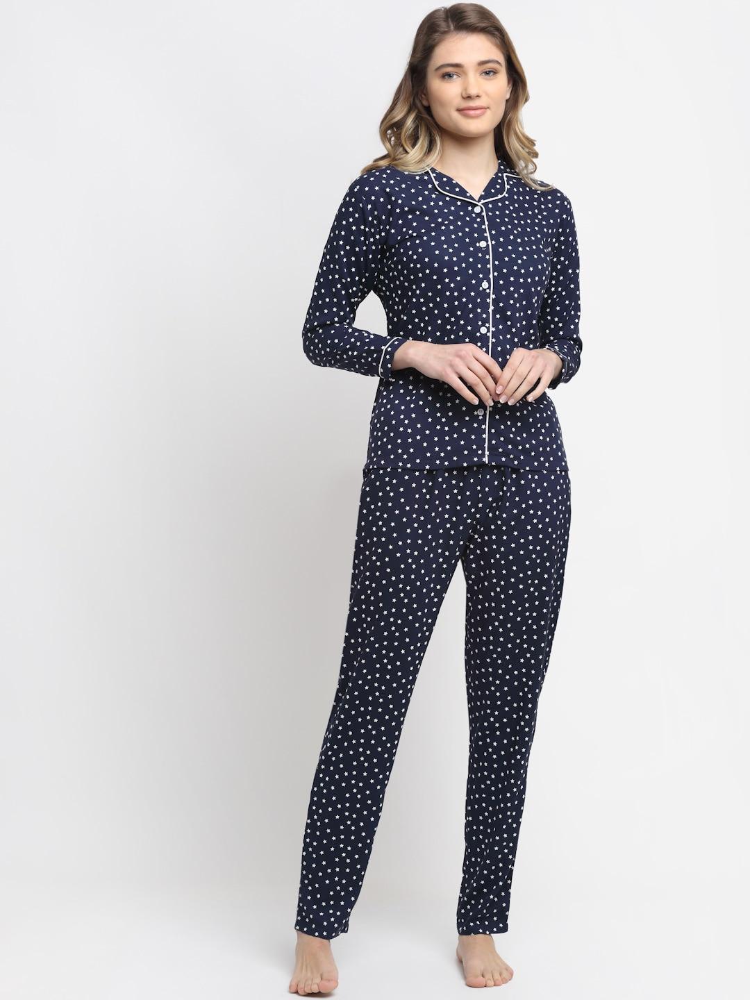 claura women navy blue & white printed night suit