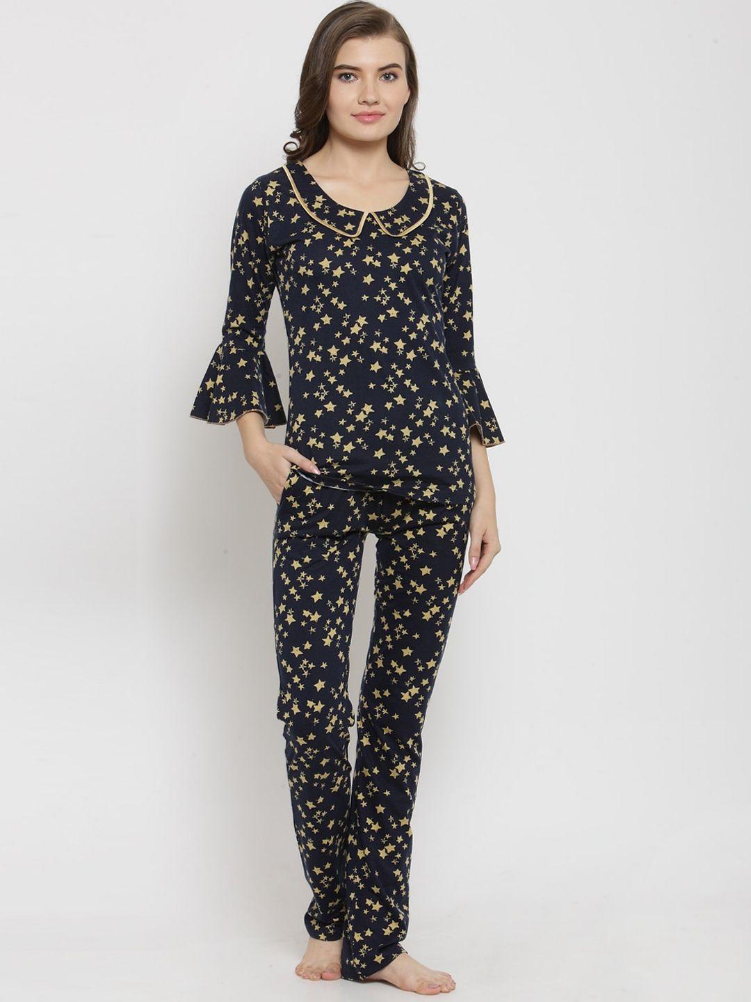 claura women navy blue & yellow printed cotton night suit