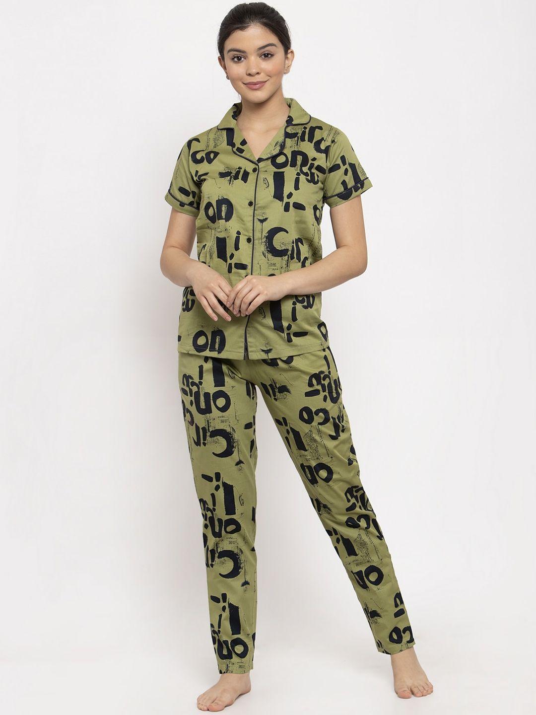 claura women olive green & black printed night suit