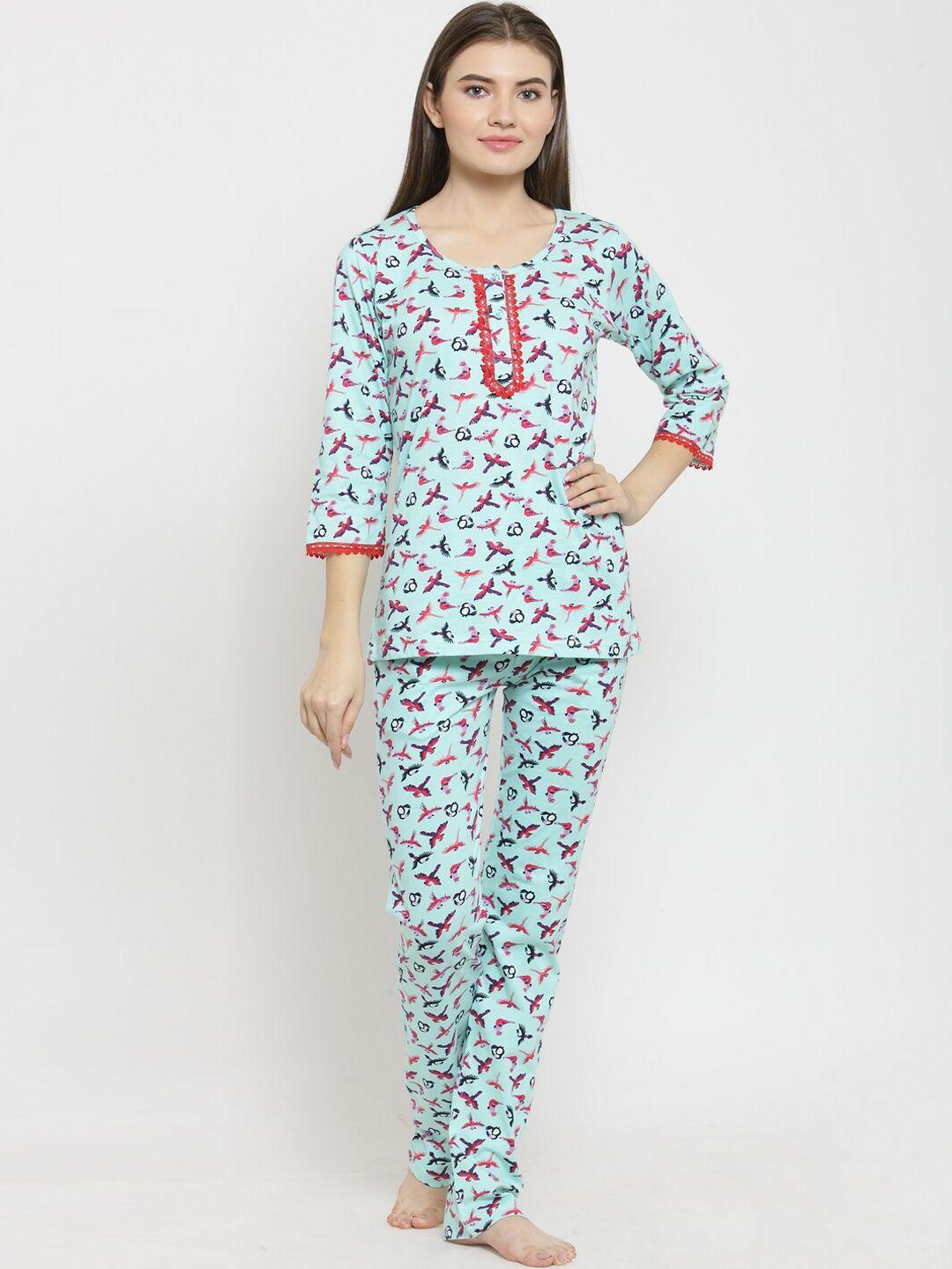 claura women sea green & red printed night suit