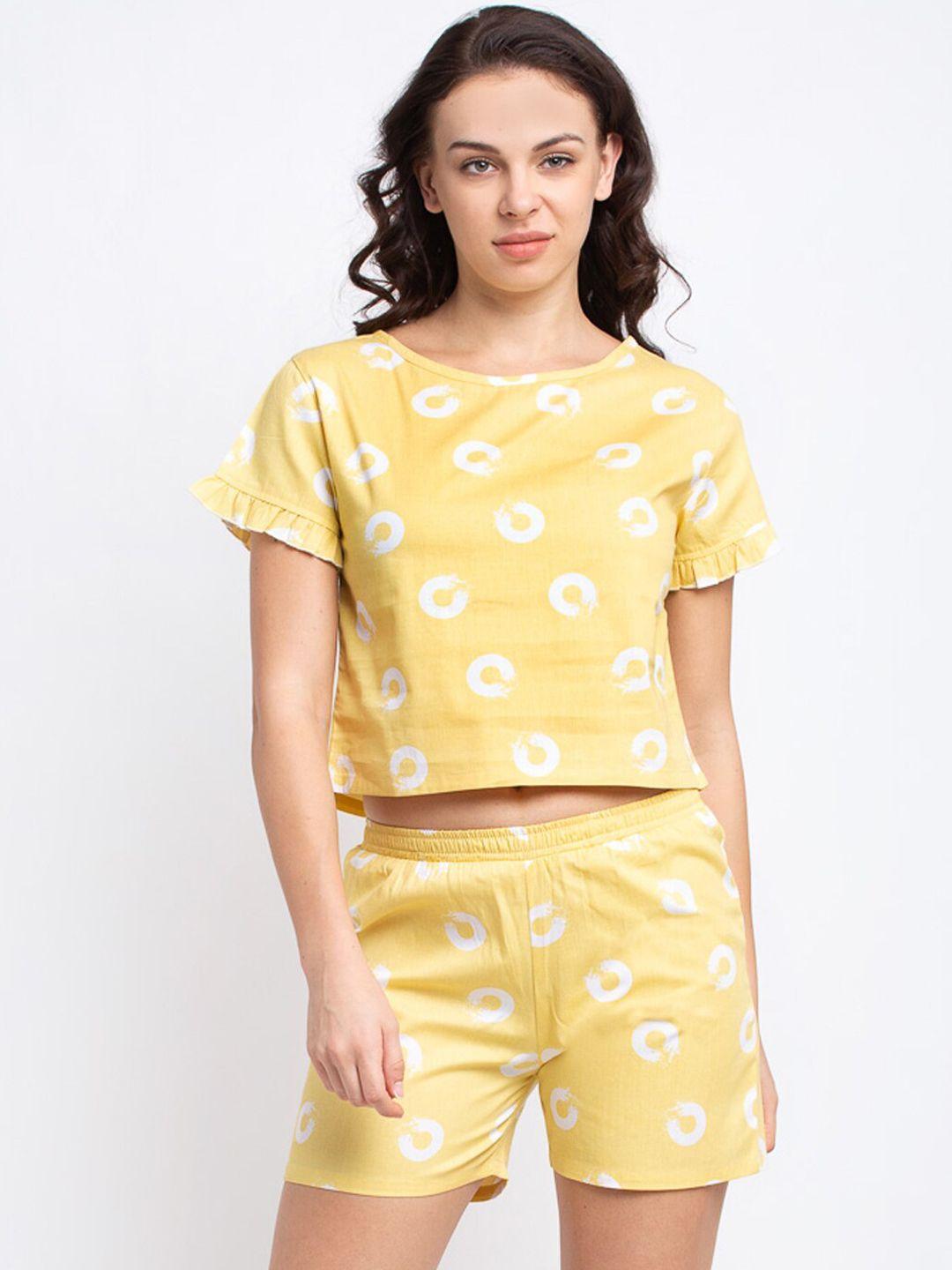 claura women yellow cotton shorts and top loungewear set