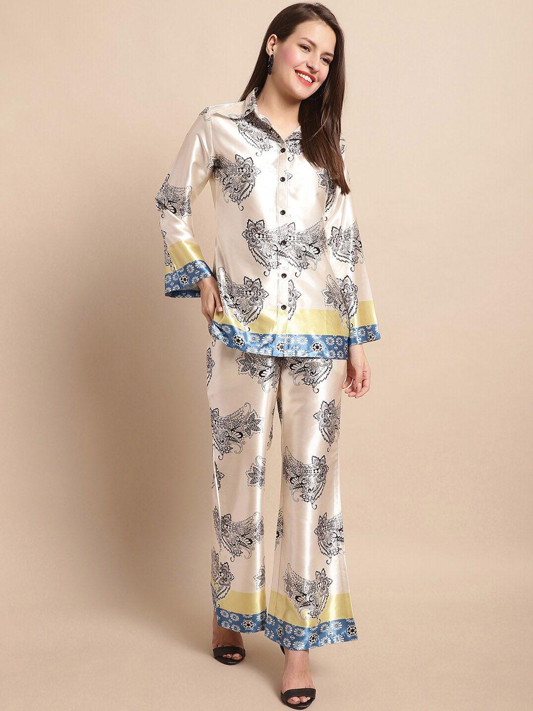 claura beige & black ethnic motifs printed shirt with trousers