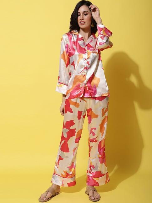 claura beige & pink printed shirt pyjama set