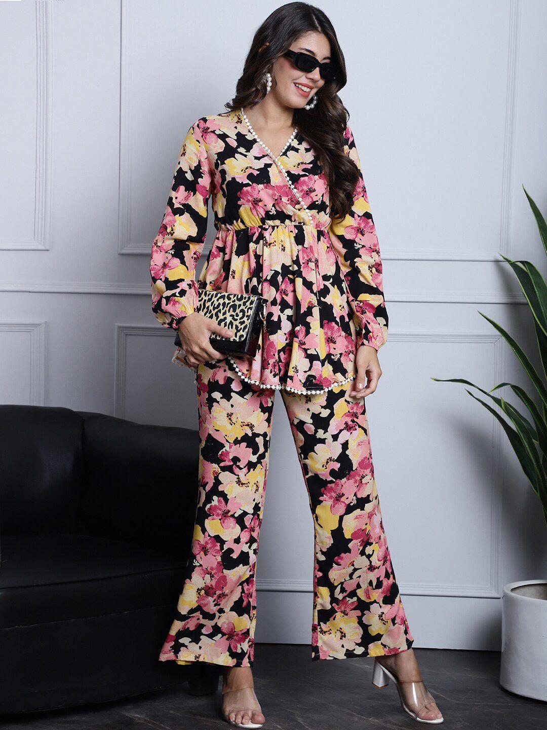 claura black & pink floral printed v-neck gathered top & trouser co-ords set