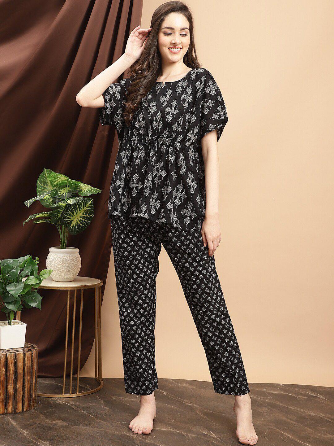 claura black ethnic motifs printed pure cotton night suit