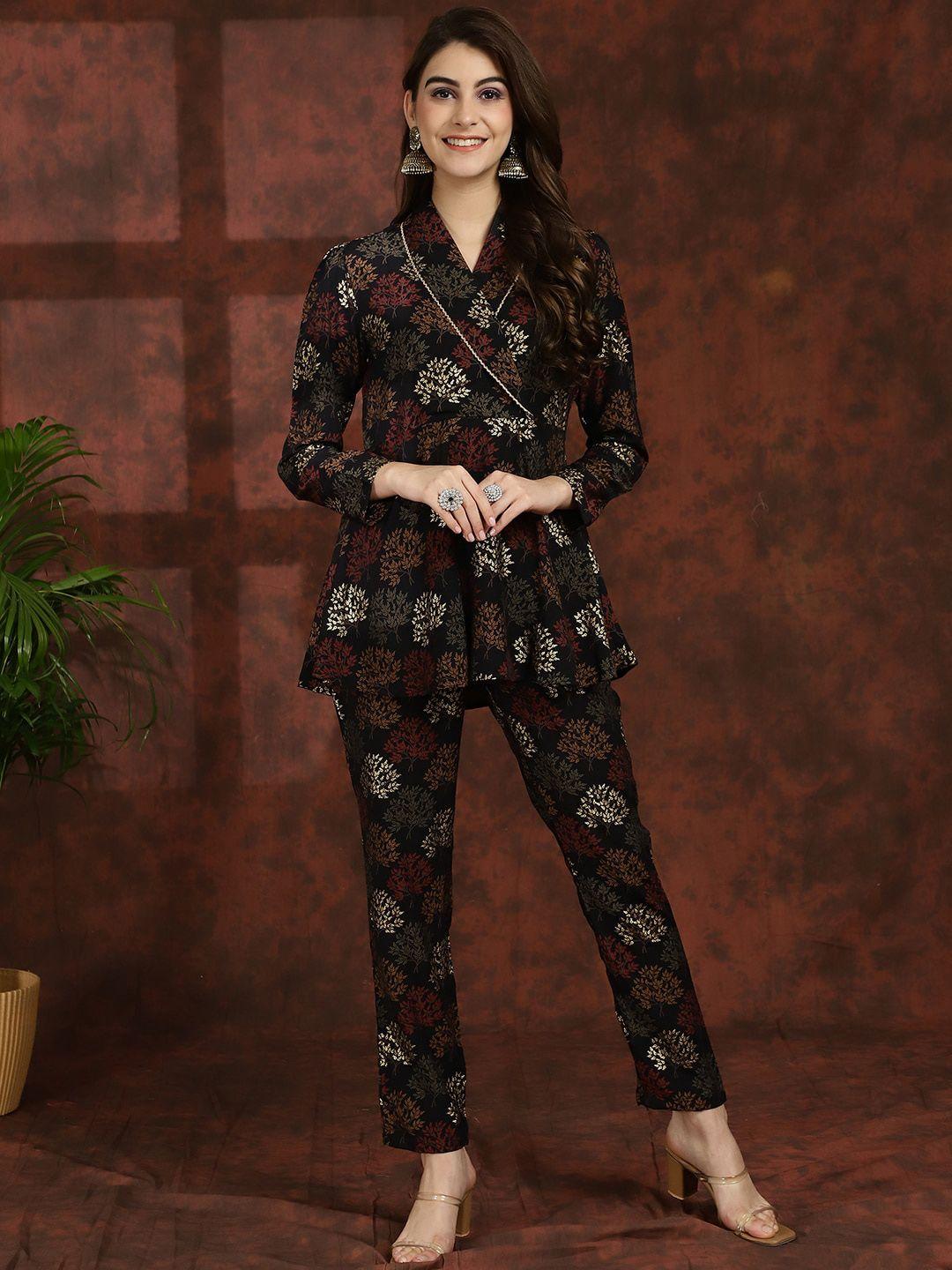 claura black ethnic motifs printed v-neck tunic with flared trouser ethnic co-ords