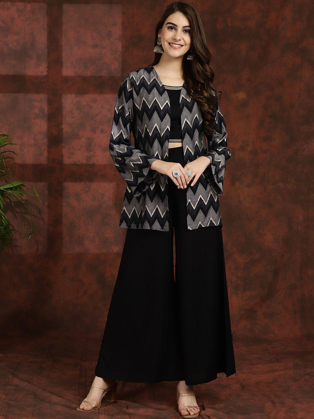 claura black printed round neck top jacket with flared palazzos ethnic co-ords