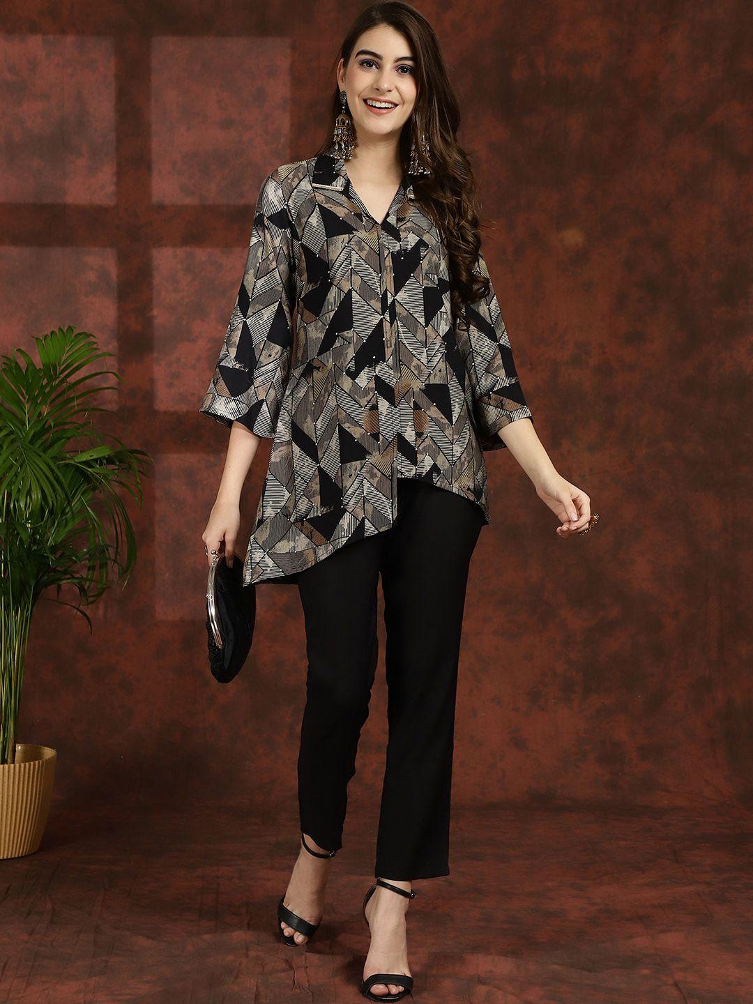 claura black printed shirt collar ethnic co-ords