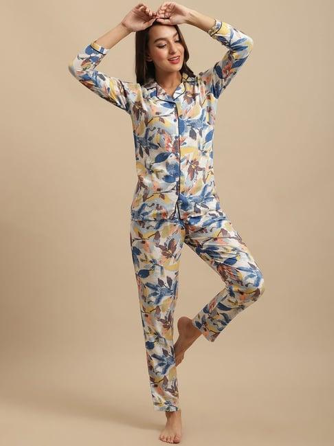 claura blue floral print shirt with pyjamas