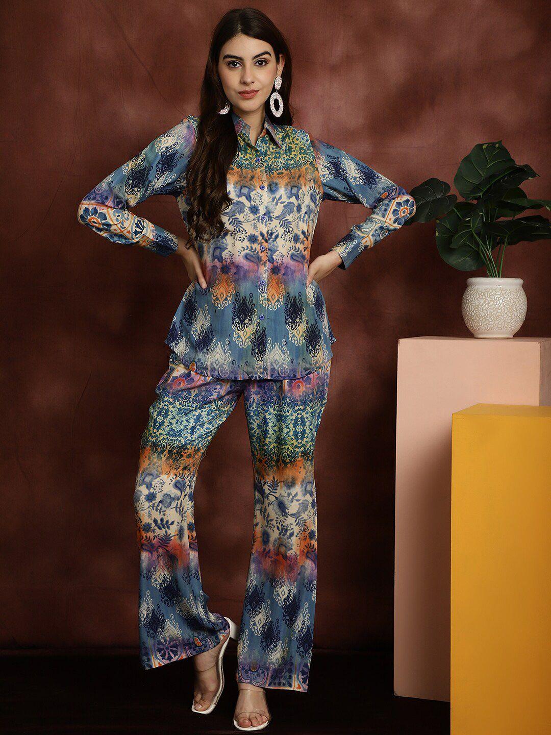 claura blue printed shirt with trousers