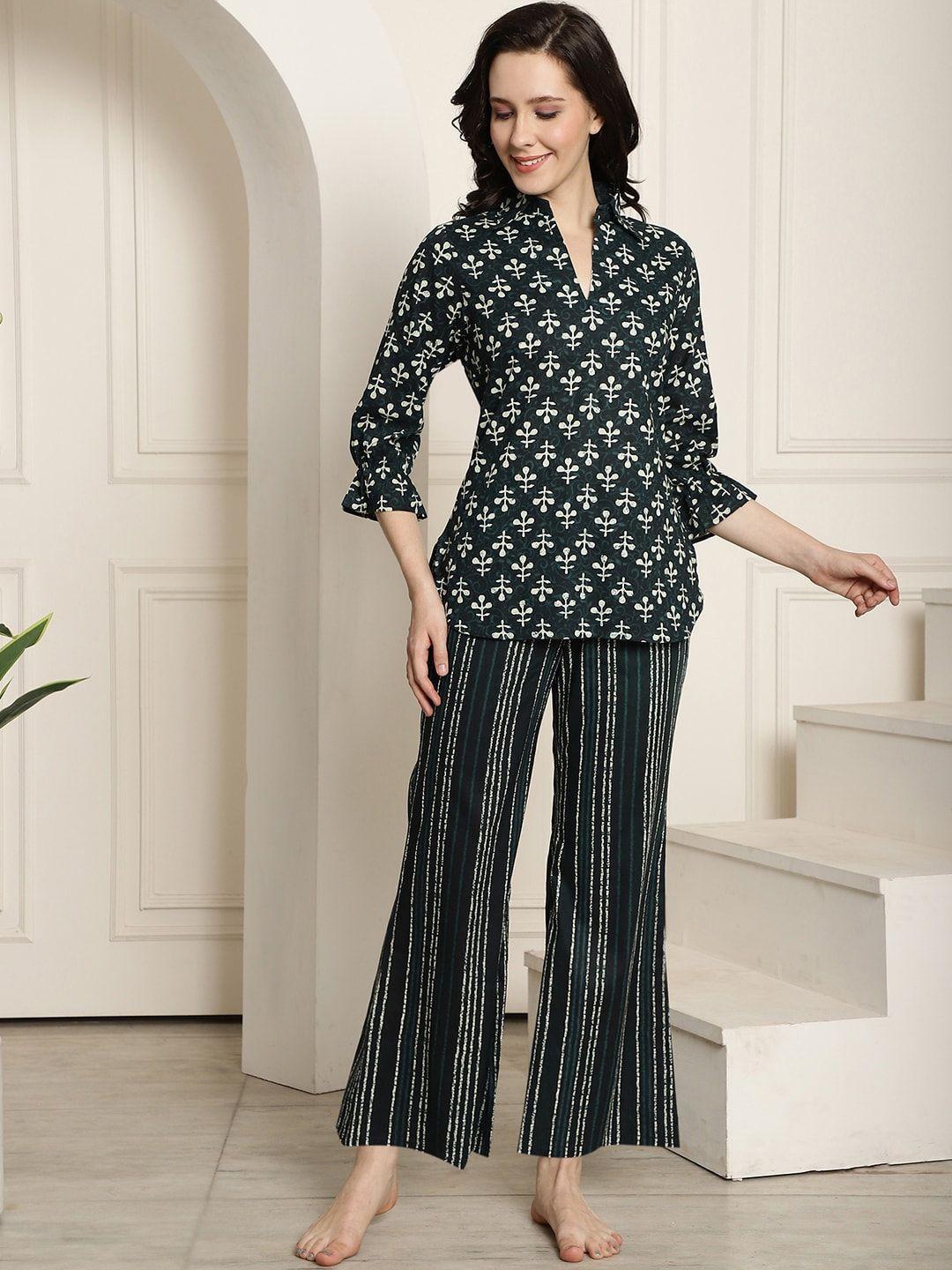 claura green & cream-coloured ethnic motifs printed pure cotton night suit