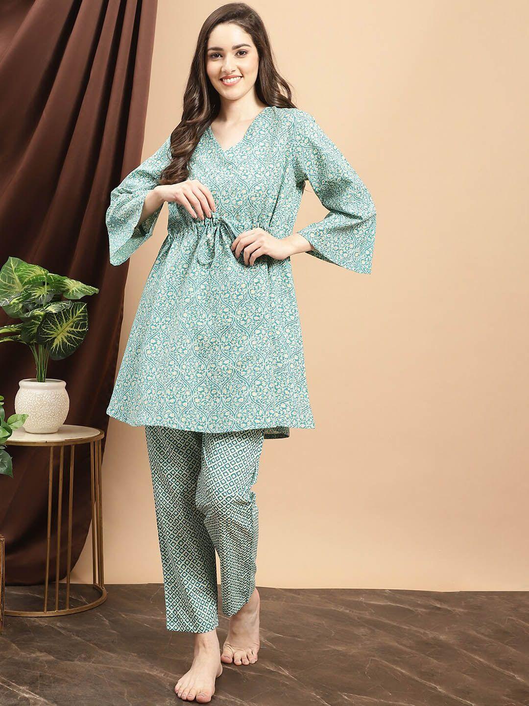 claura green ethnic motifs printed pure cotton night suit