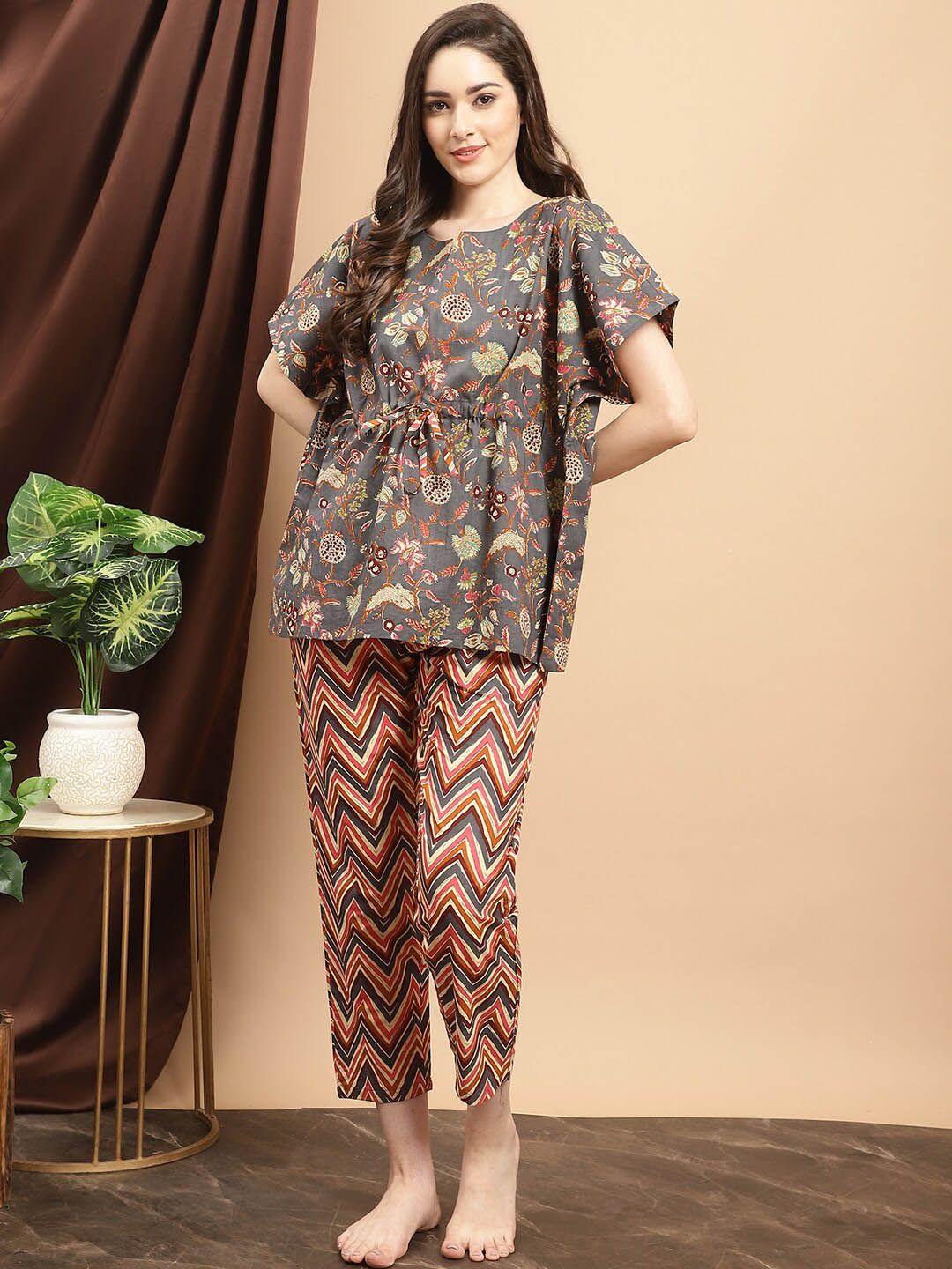 claura grey & orange floral printed pure cotton night suit