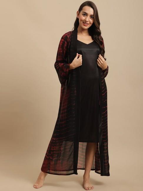 claura maroon & black printed nighty with robe