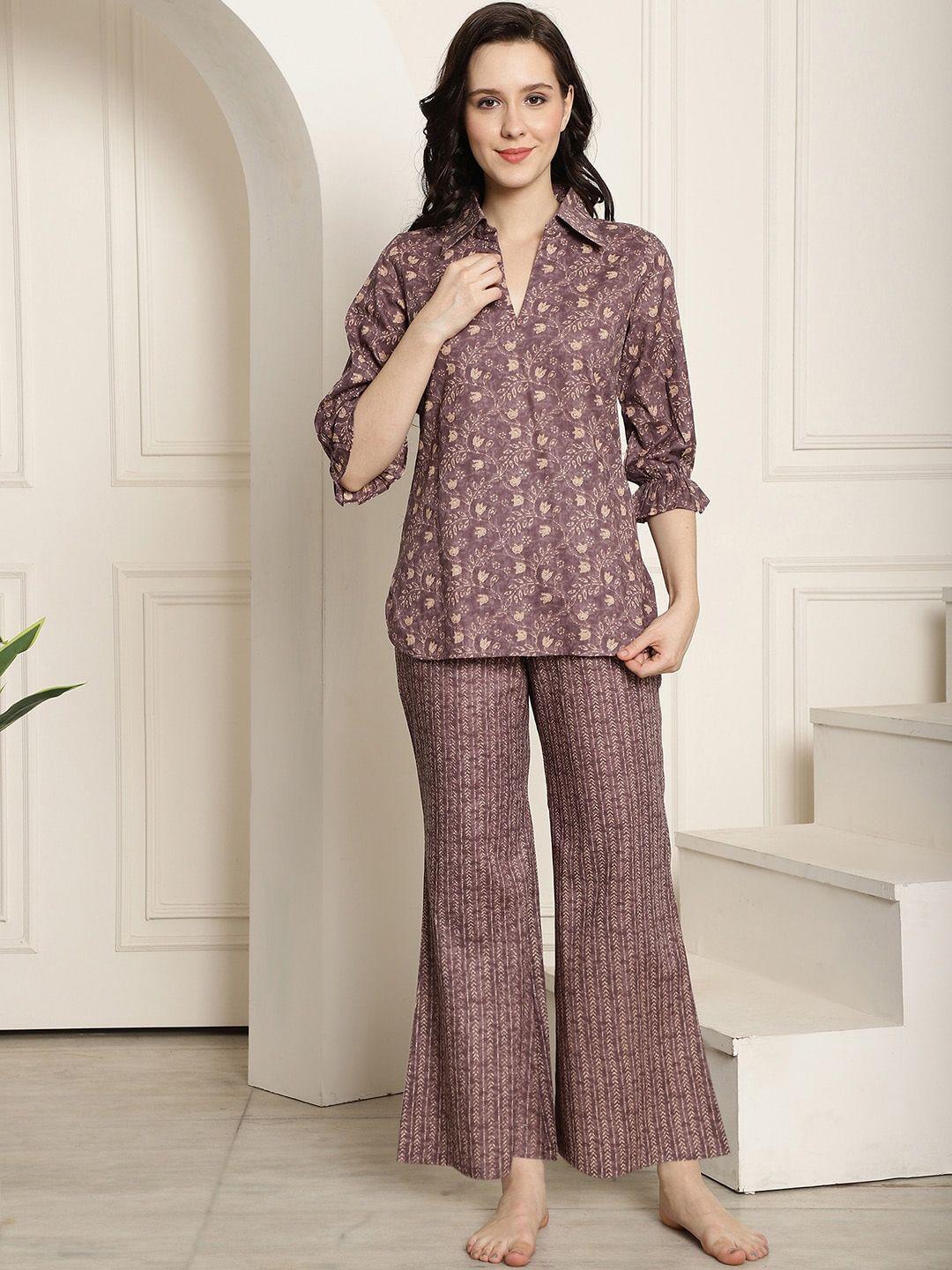 claura mauve & cream floral printed pure cotton night suit