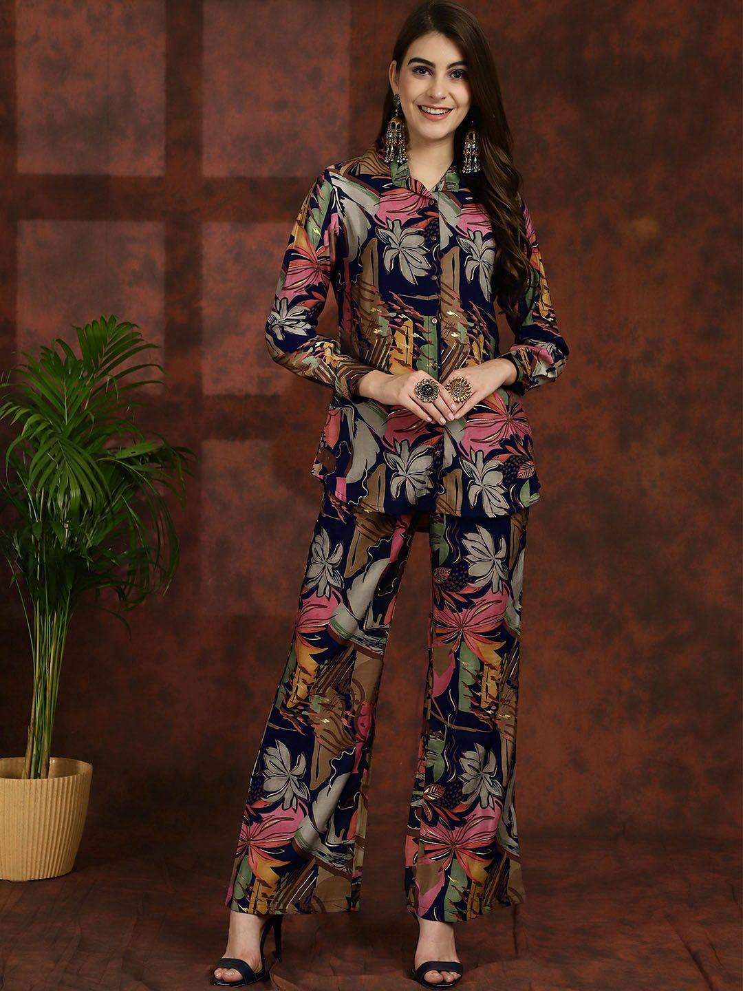 claura navy blue floral printed shirt collar tunic with trousers co-ords