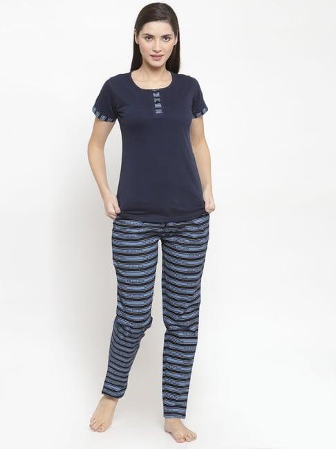 claura navy printed top with pyjamas