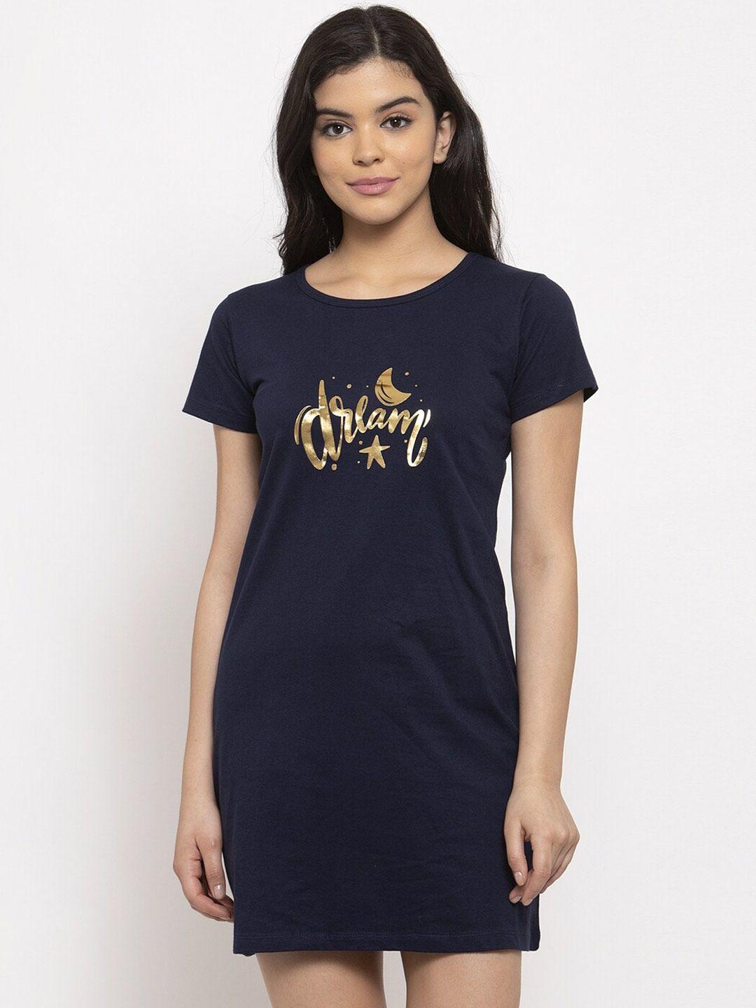 claura navy typography printed pure cotton nightdress