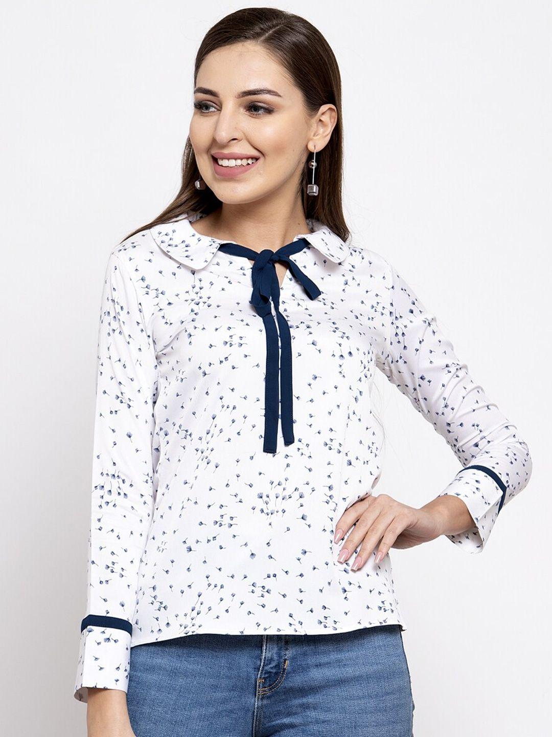 claura off white & navy blue floral print tie-up neck georgette shirt style top