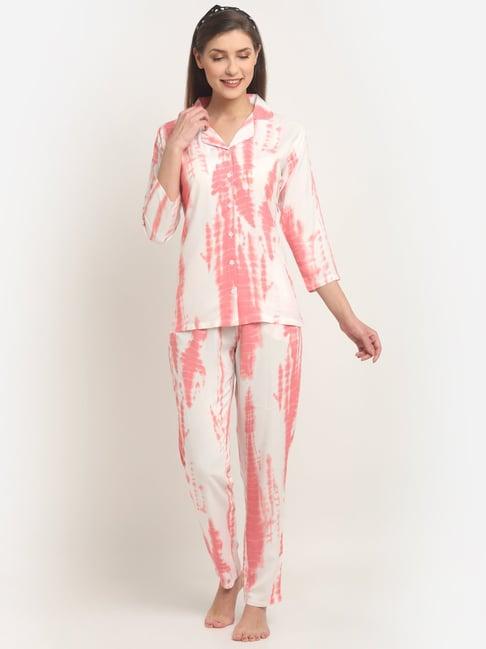 claura off white & pink printed shirt with pyjamas