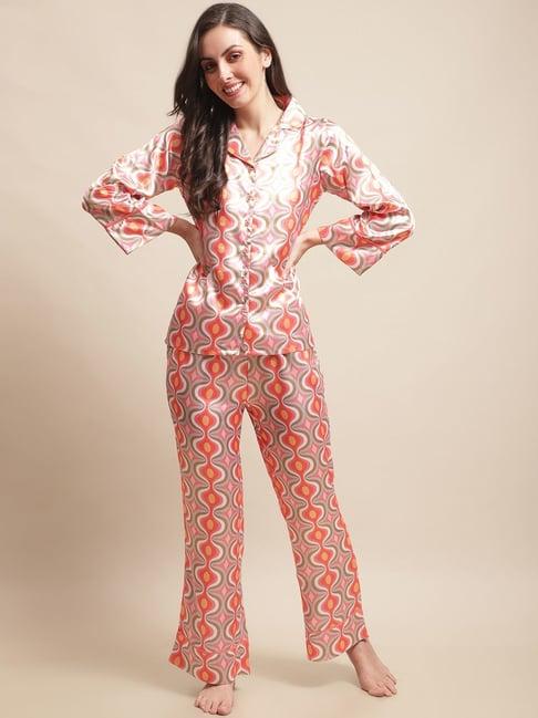 claura orange printed shirt pyjama set