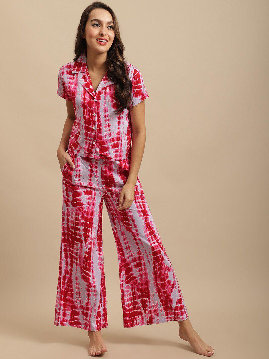 claura pink & white abstract printed pure cotton night suit