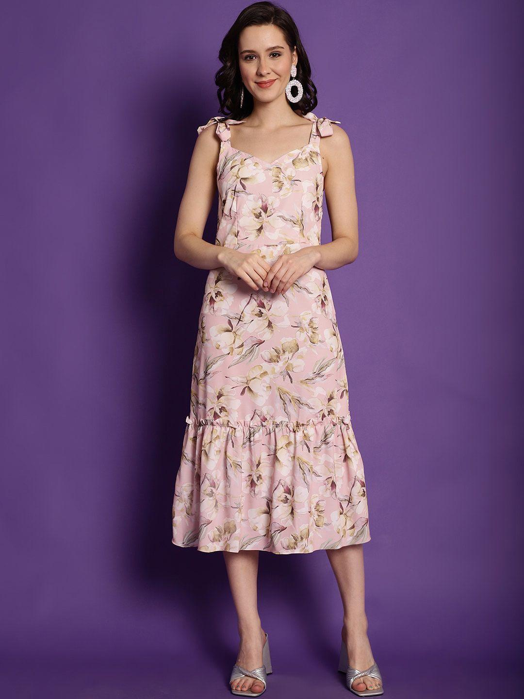 claura pink floral print crepe a-line midi dress