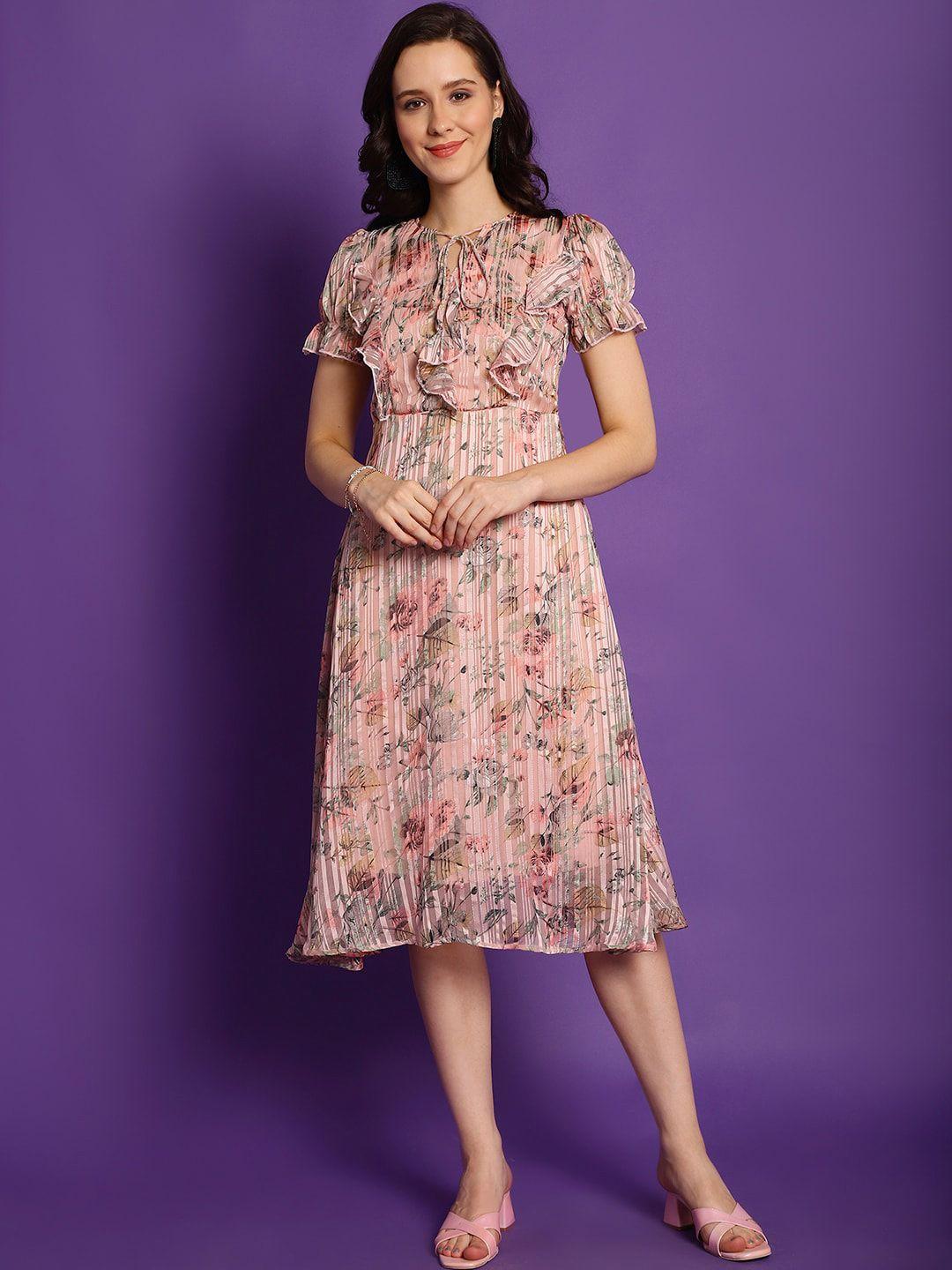 claura pink floral printed tie-up neck puff sleeves ruffle detailed a-line midi dress