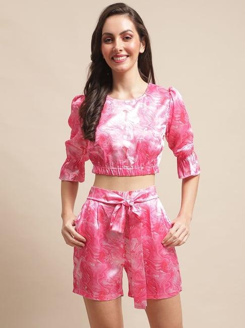 claura pink printed crop top shorts set