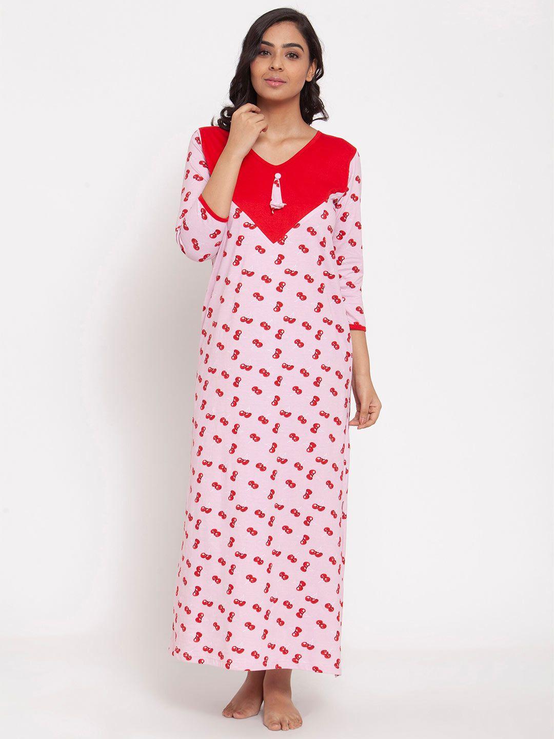 claura pink printed pure cotton maxi nightdress