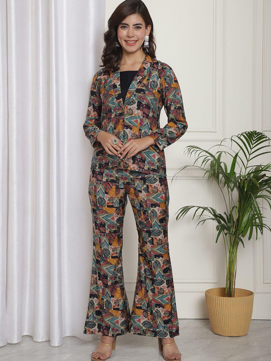 claura printed 3-piece crop top with jacket & trousers