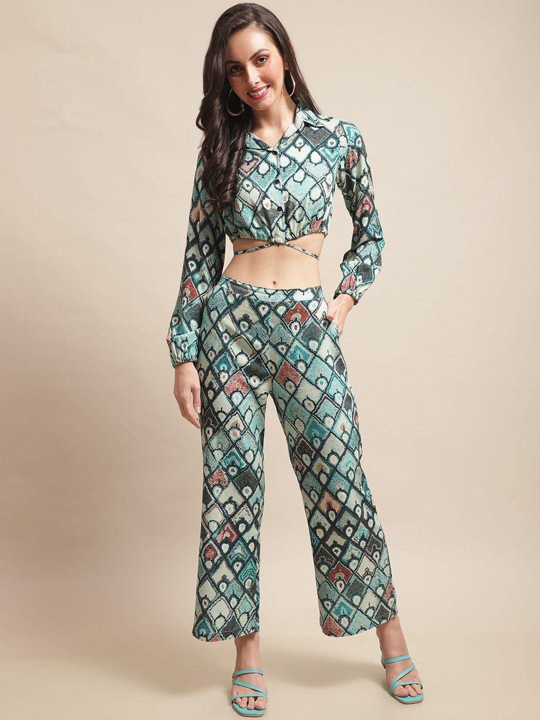 claura printed shirt collar puff sleeves top and trouser