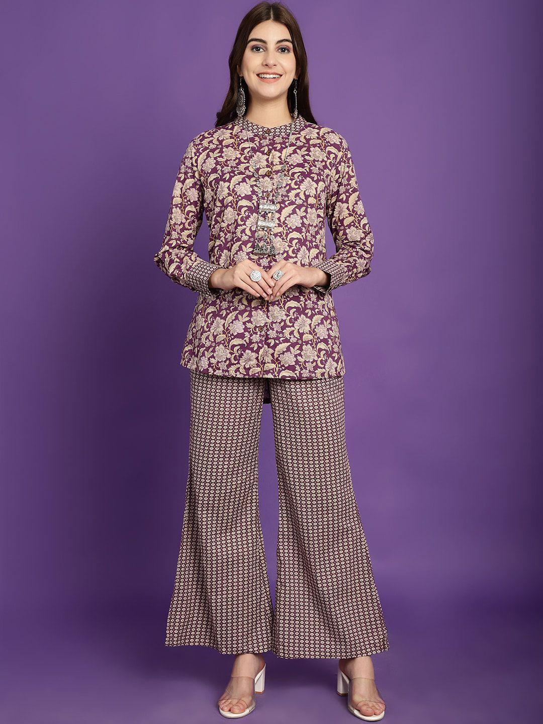 claura purple floral printed band collar pure cotton shirt with palazzo