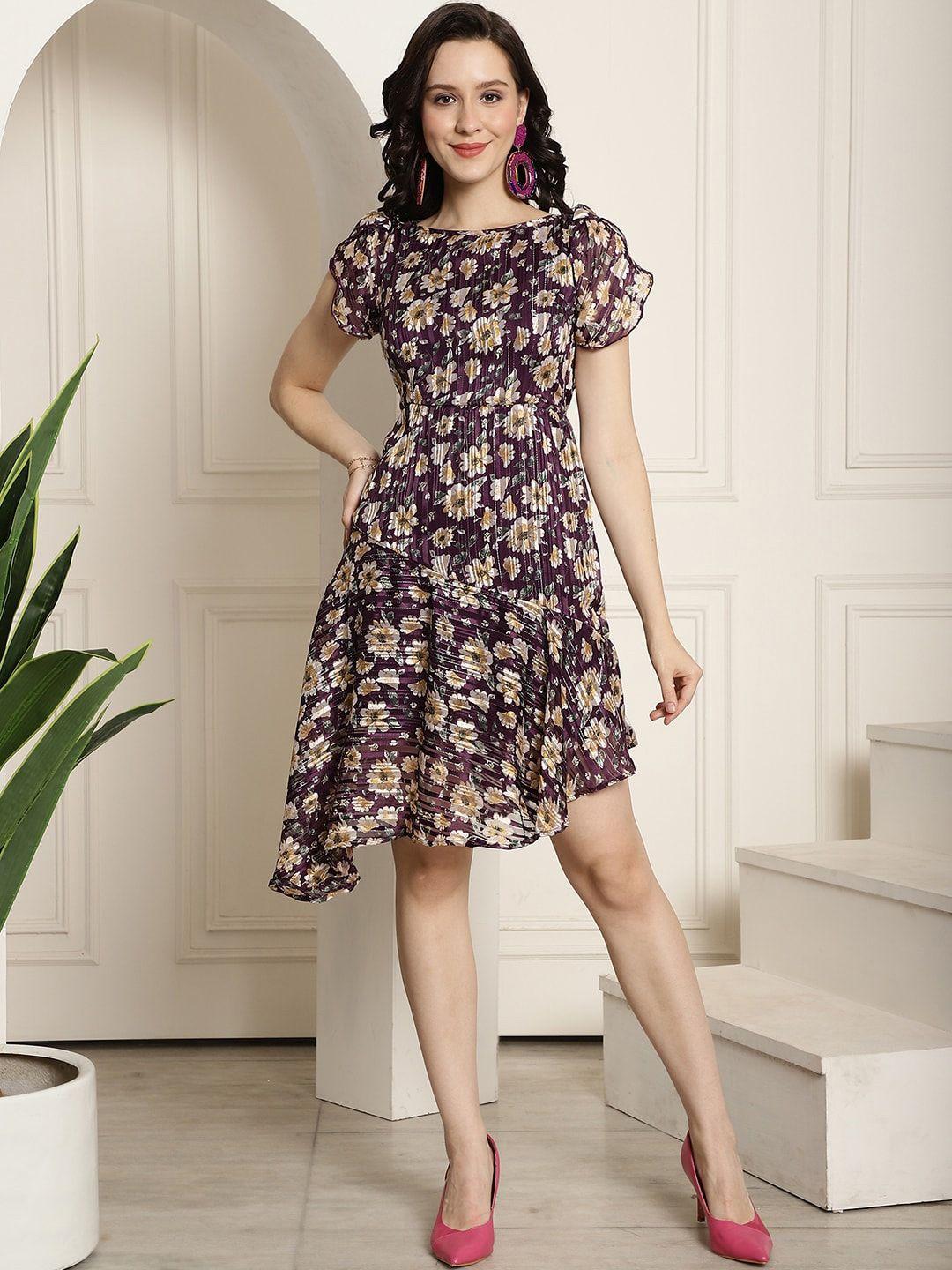 claura purple floral printed boat neck flutter sleeves asymmetric a-line dress