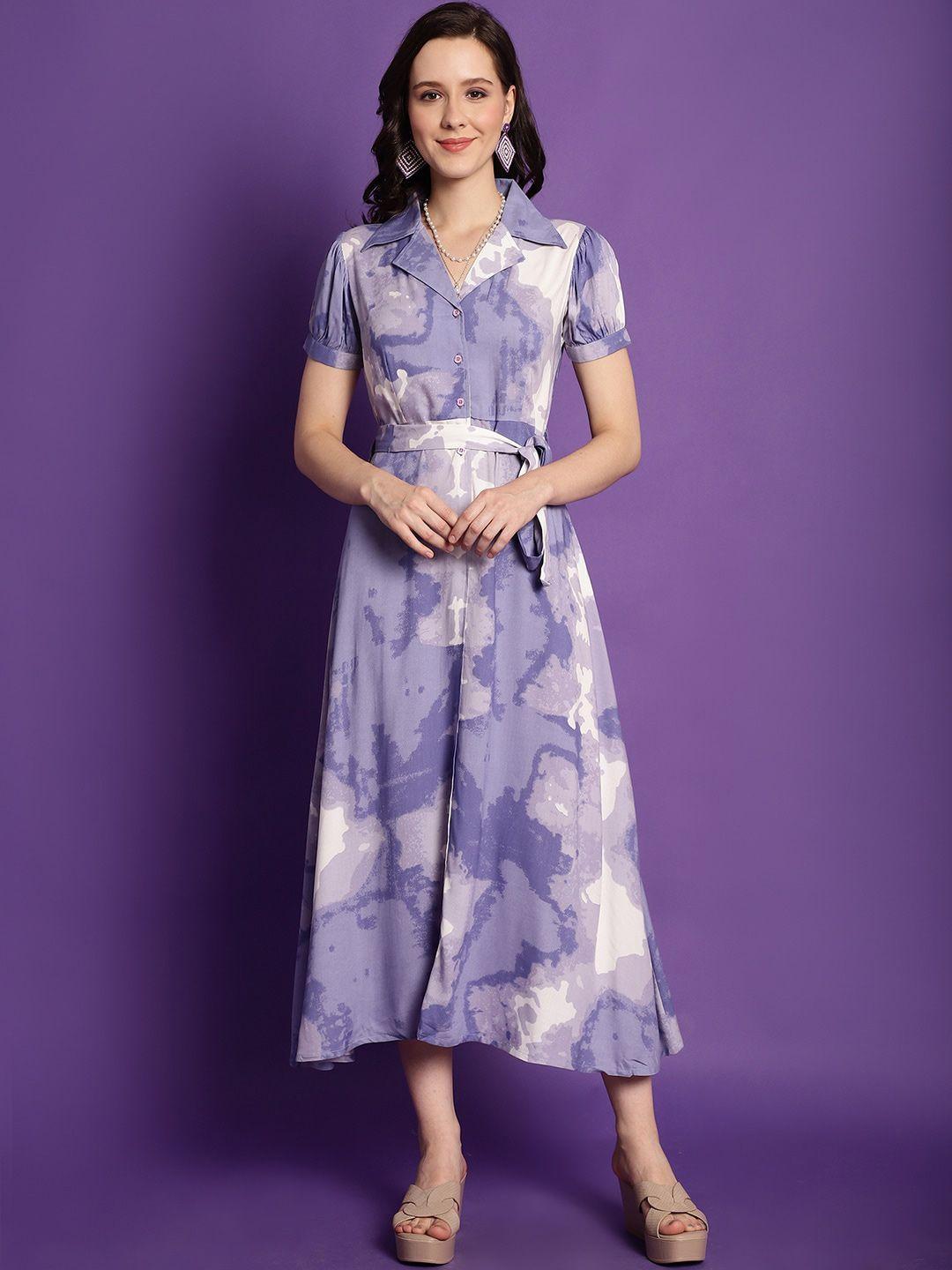 claura purple tie & dye notched lapel collar puff sleeves a-line midi dress with belt