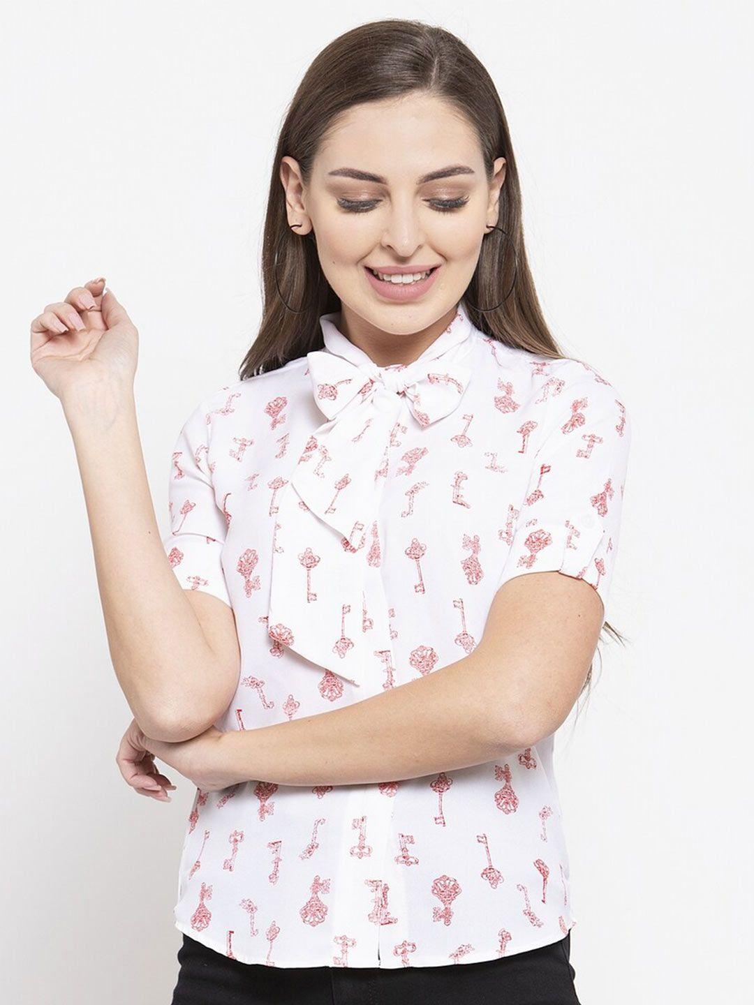 claura red printed short sleeves tie-up neck top