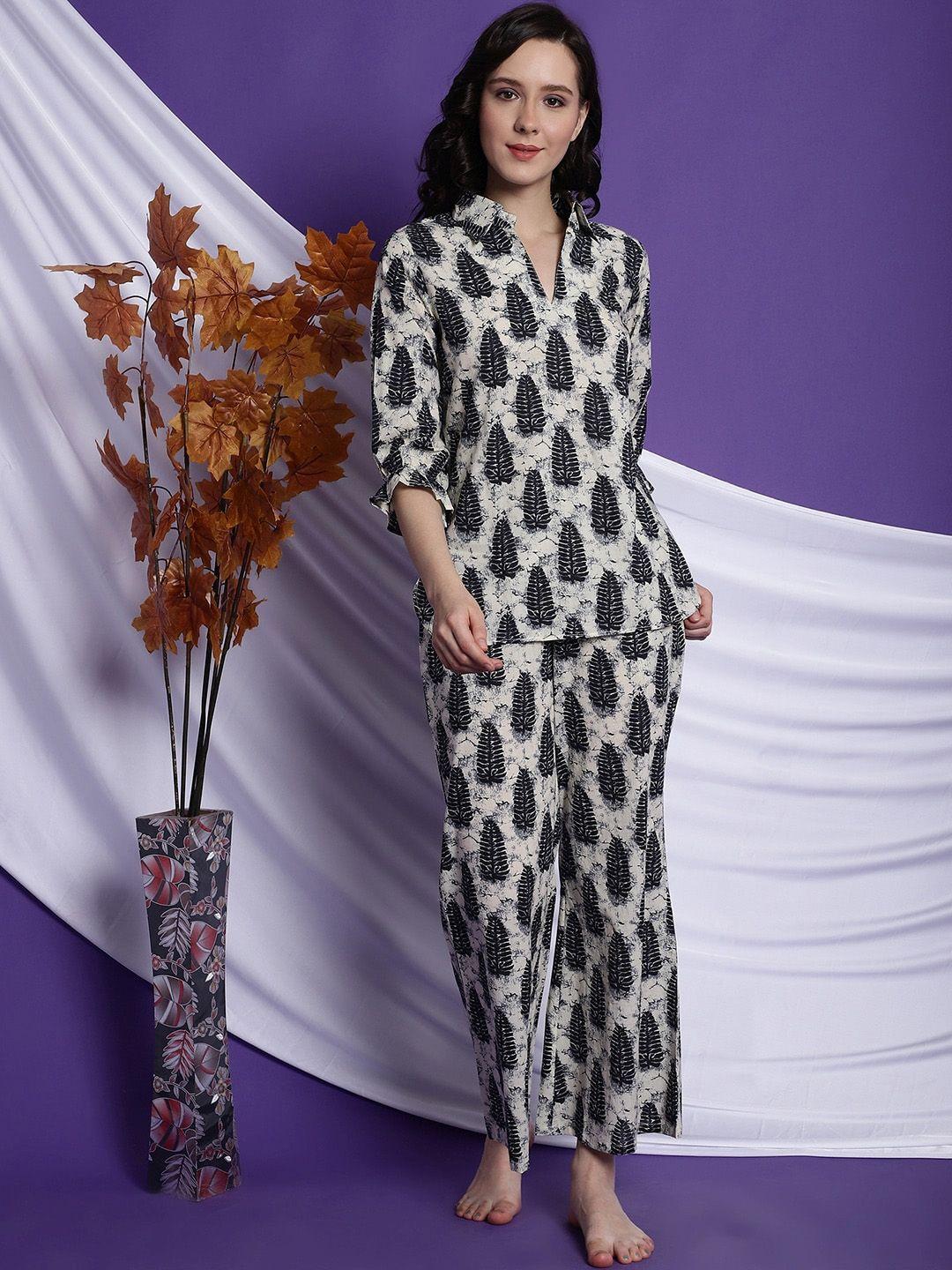 claura white & black ethnic motifs printed pure cotton night suit