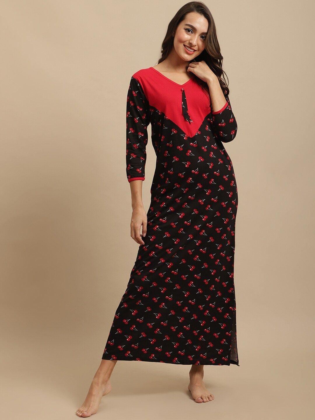 claura women black & red printed pure cotton maxi nightdress