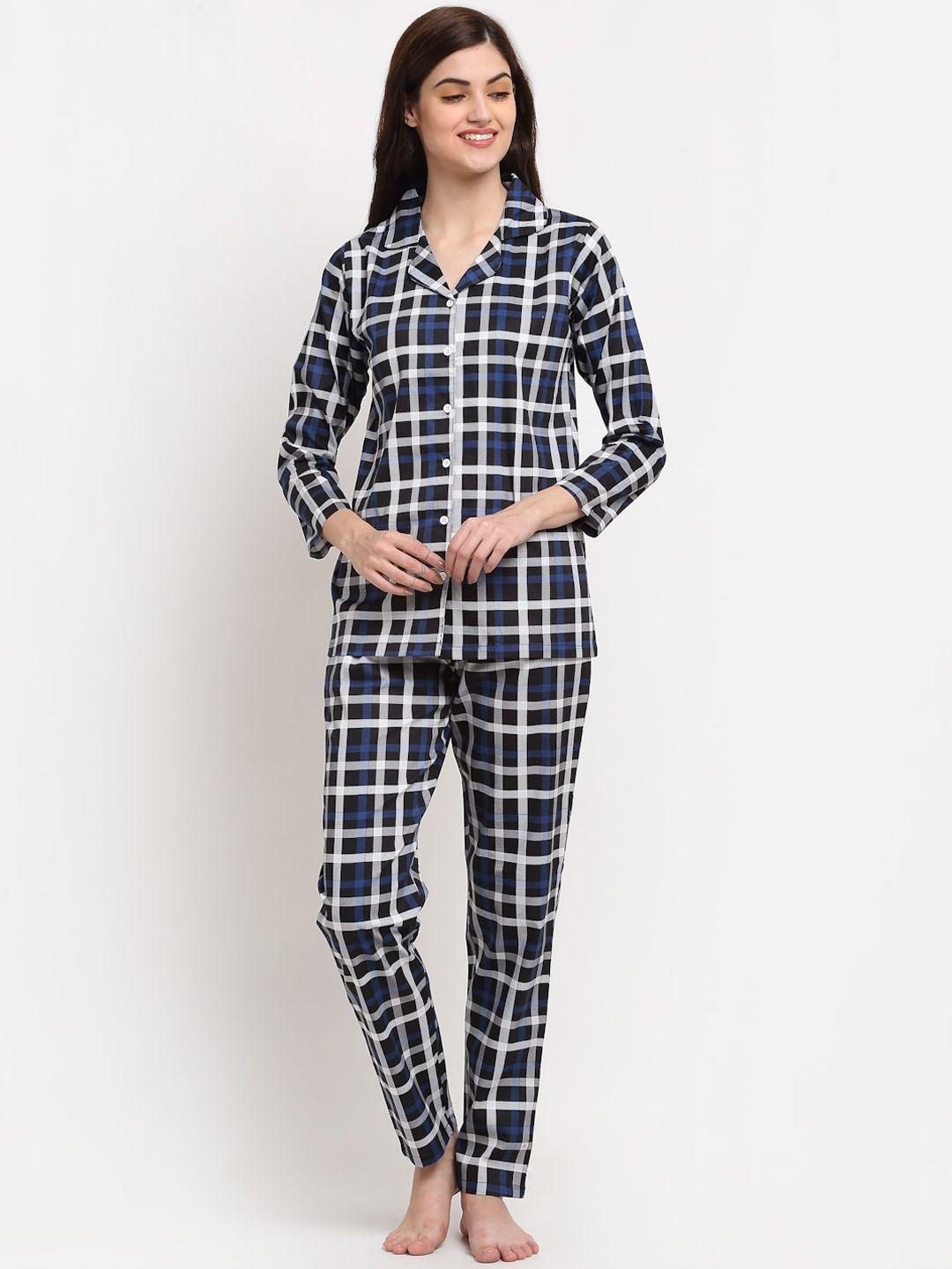 claura women black & white checked night suit