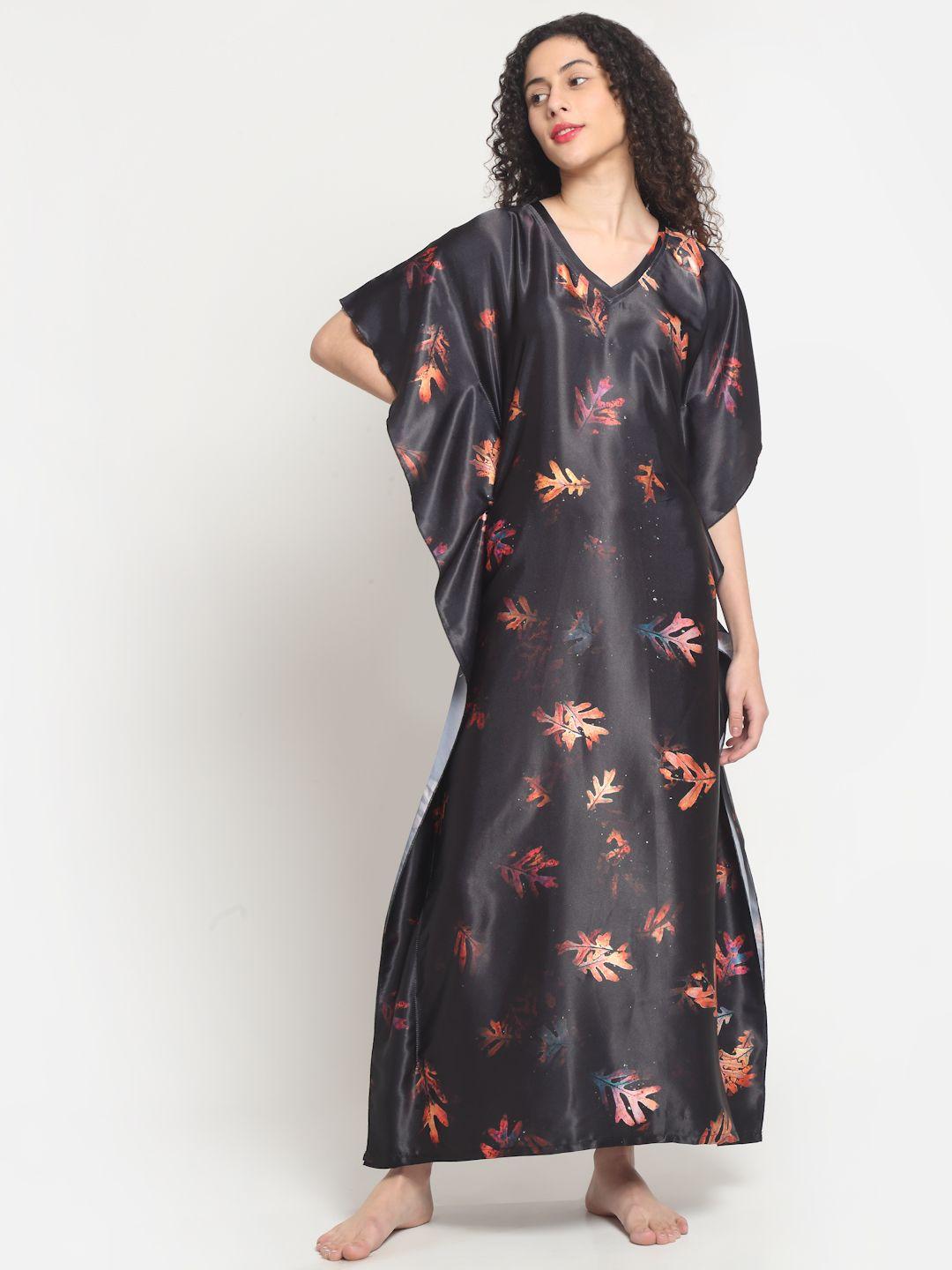 claura women black printed kaftan maxi nightdress