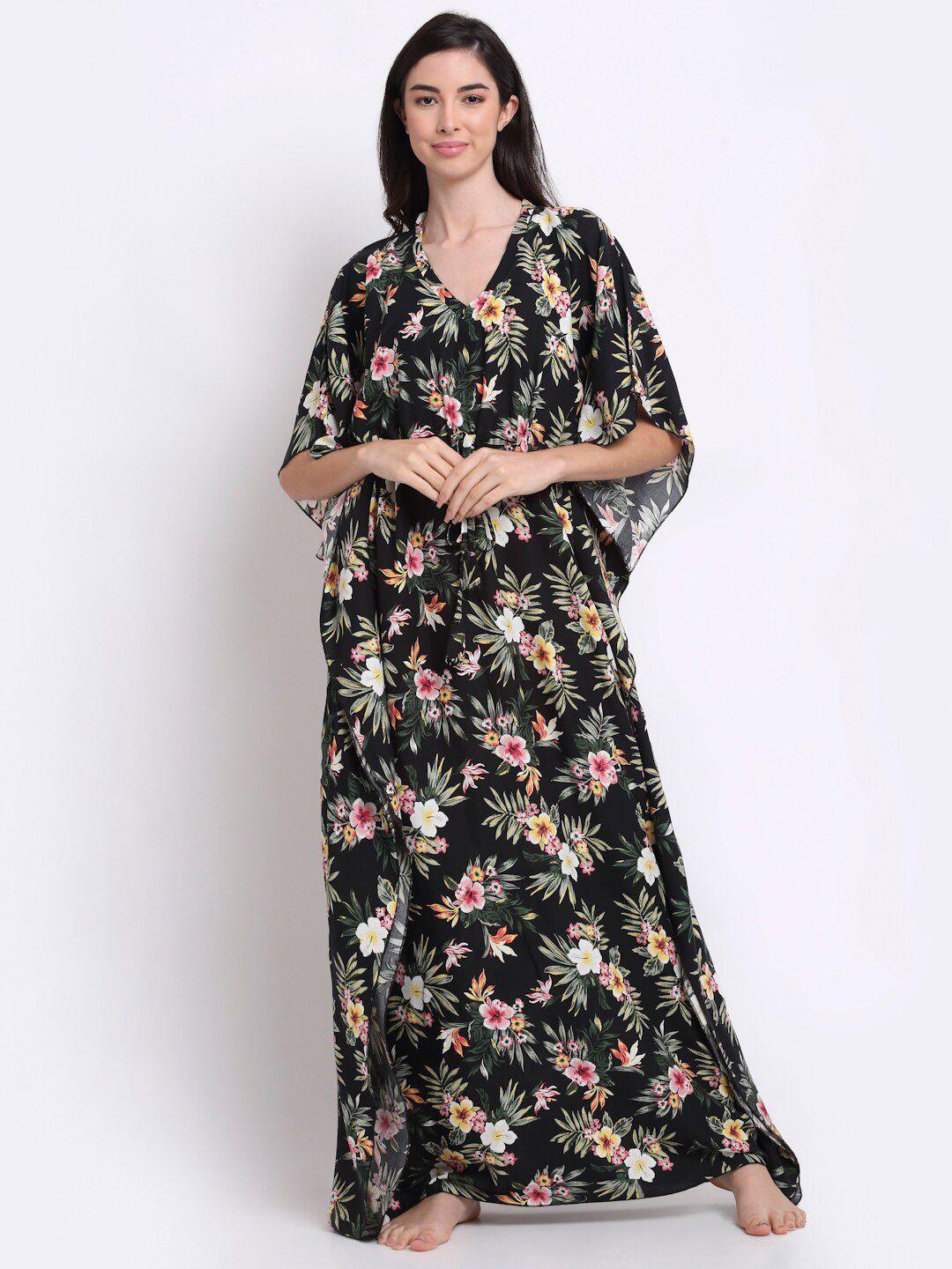 claura women black printed kaftan nightdress