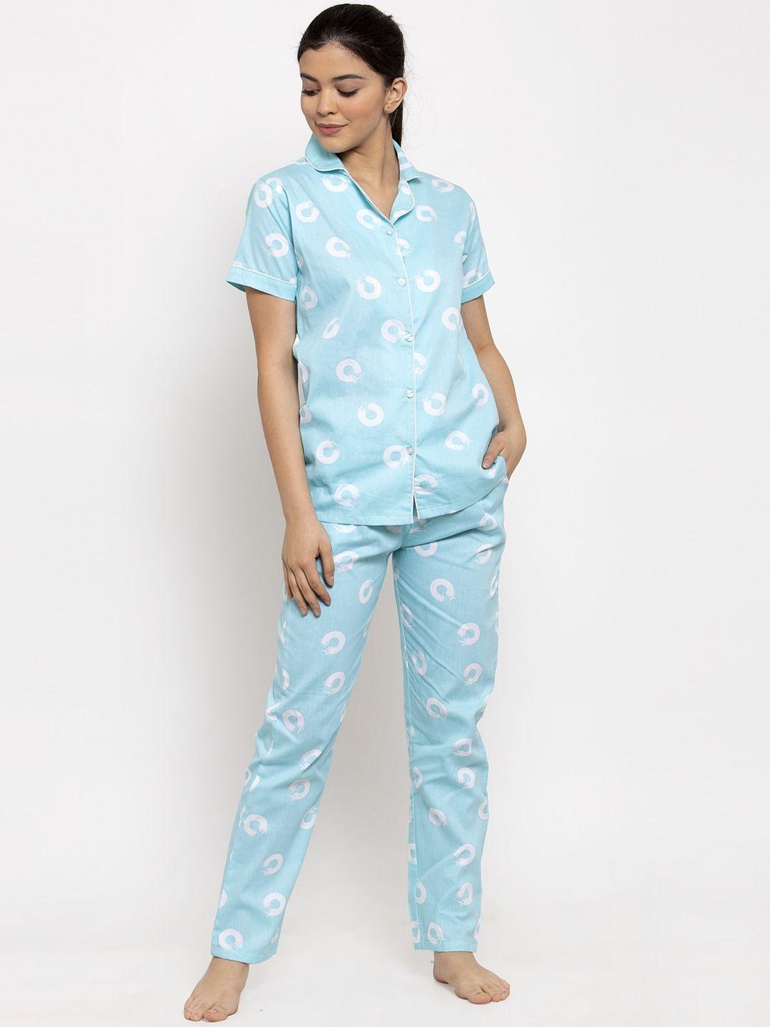 claura women blue & white printed cotton night suit