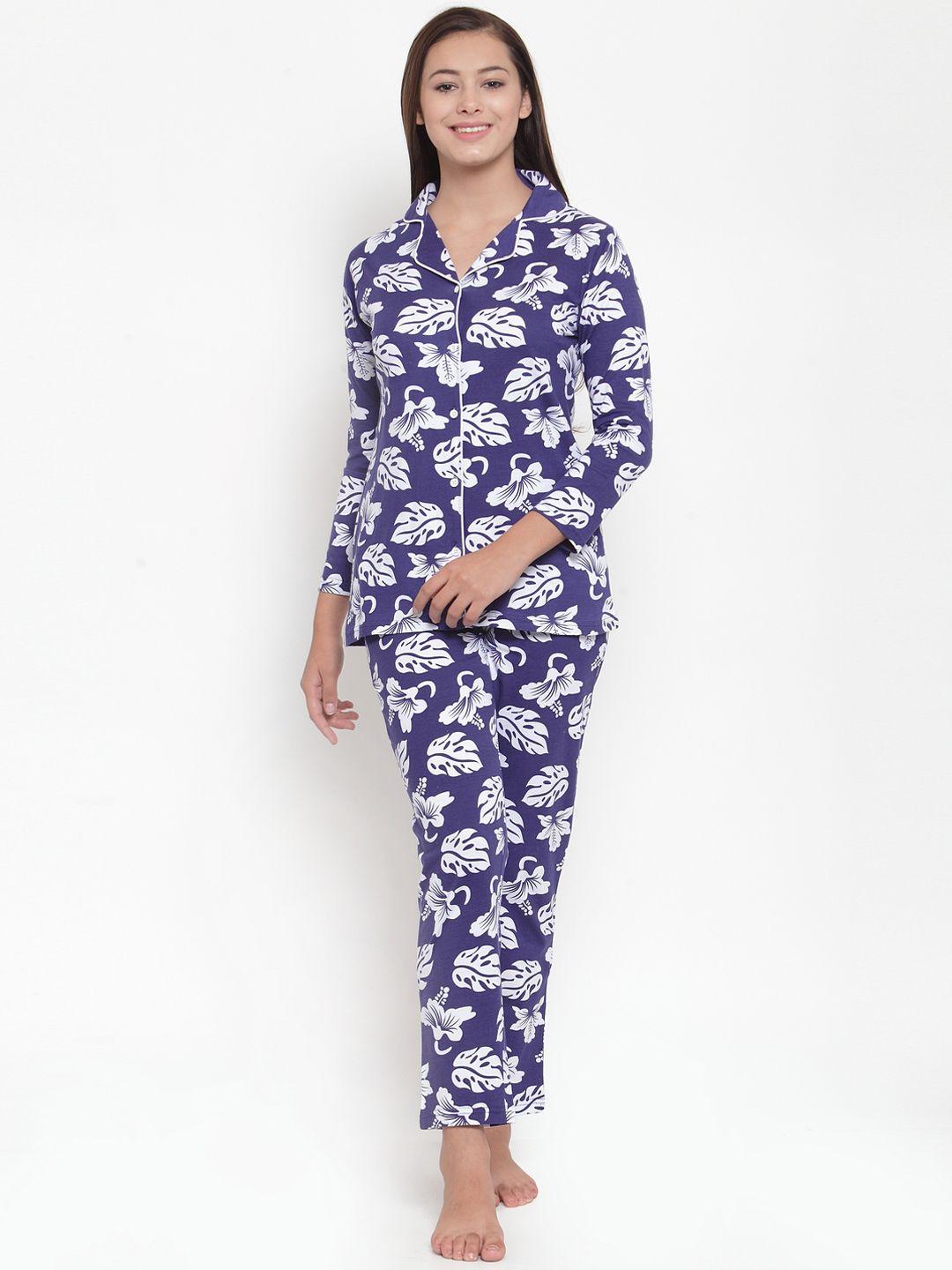 claura women blue & white printed night suit cot-133