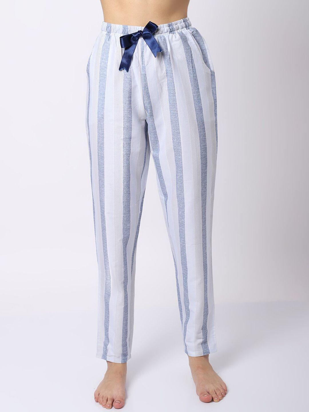 claura women blue & white striped pure cotton lounge pants