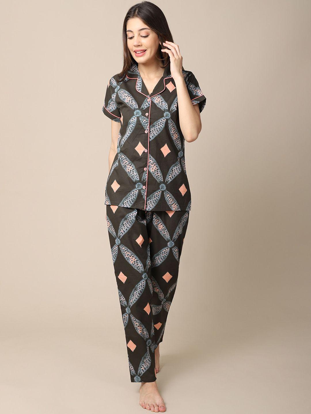 claura women brown & blue printed night suit