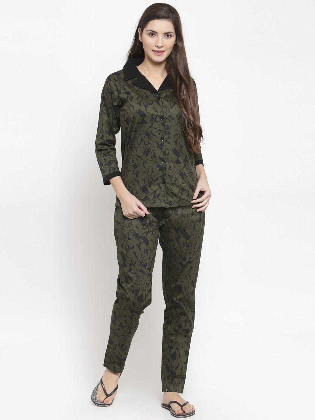 claura women green & black printed cotton night suit
