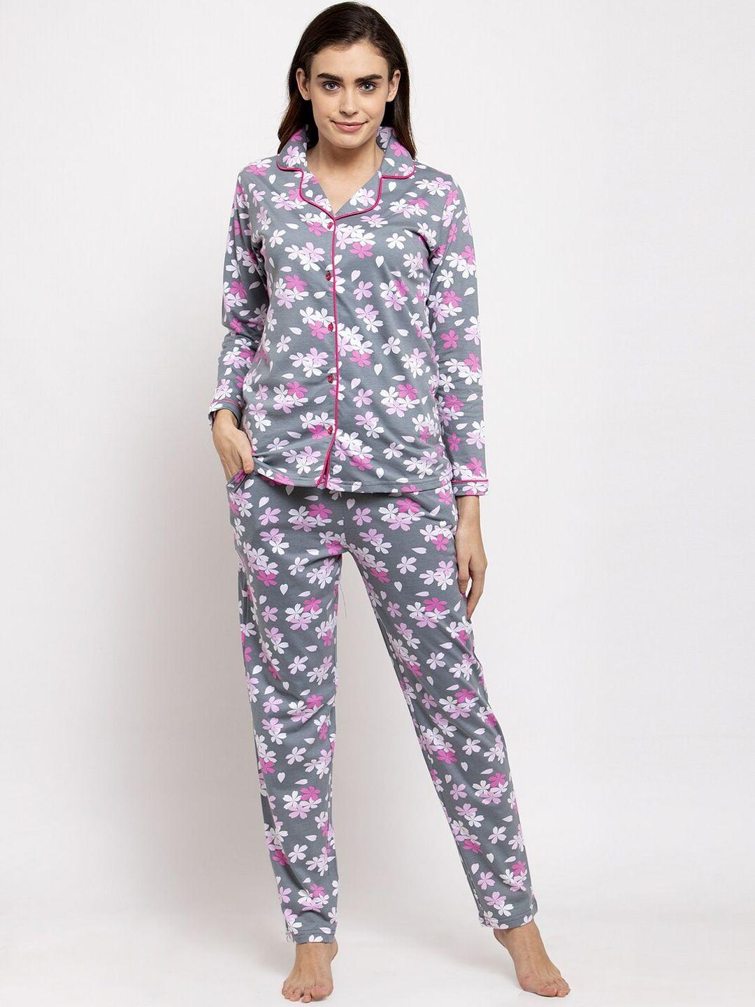 claura women grey & pink floral printed night suit