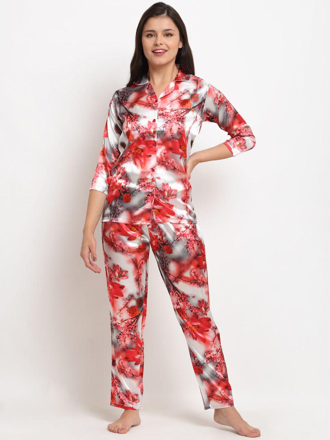 claura women grey & red printed night suit