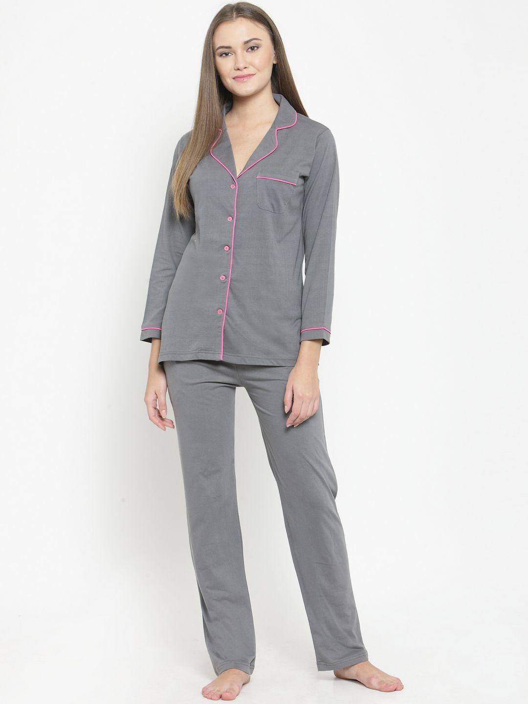 claura women grey solid night suit cot-115